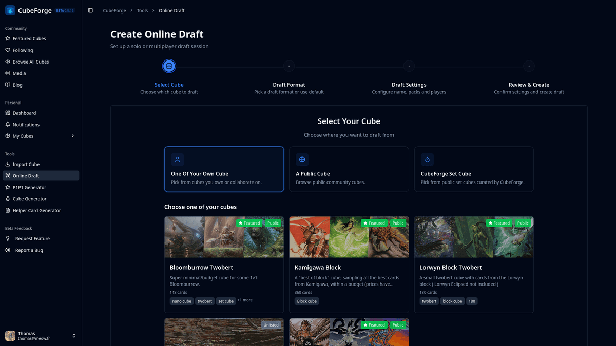 CubeForge draft setup after the 0.5.17 update
