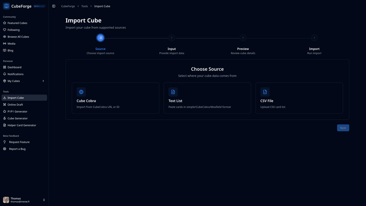 CubeForge import page with new 0.6.0 import improvements