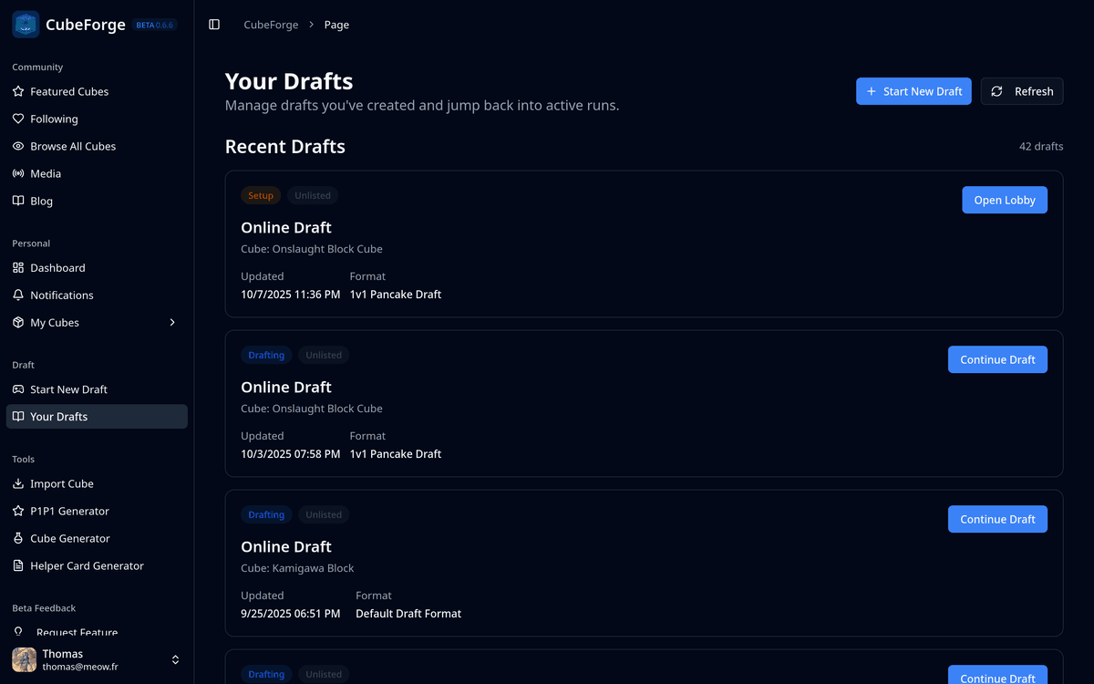 CubeForge draft history page and updated draft-focused sidebar in version 0.6.7