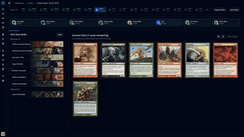 CubeForge online draft session view with player panel and deck stats