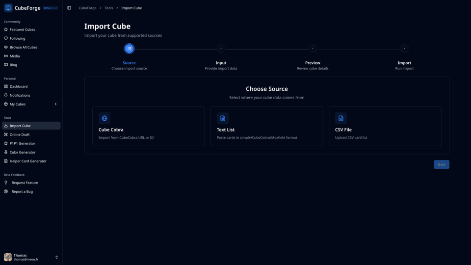 CubeForge import page with new 0.6.0 import improvements