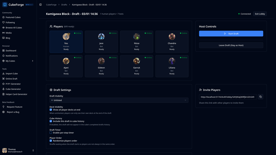 CubeForge draft setup and lobby improvements in version 0.6.2