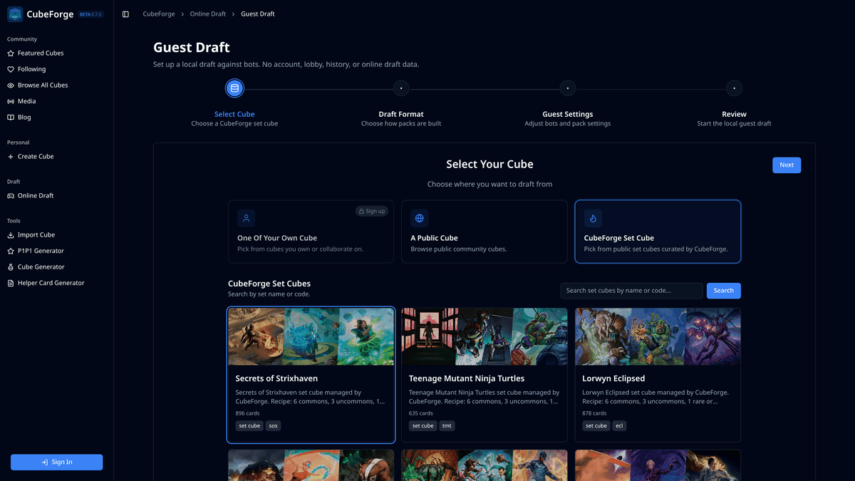 CubeForge 0.7.0 release notes covering guest drafts, draft engine refactor, and set cubes