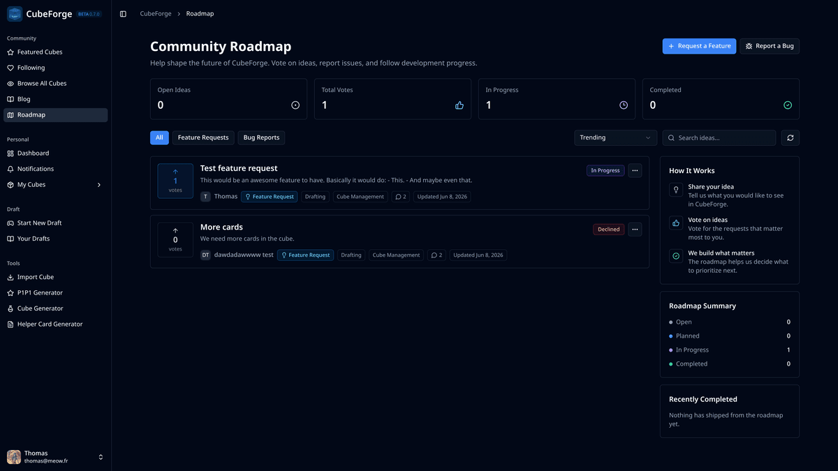 CubeForge 0.7.1 release notes showing the new community roadmap