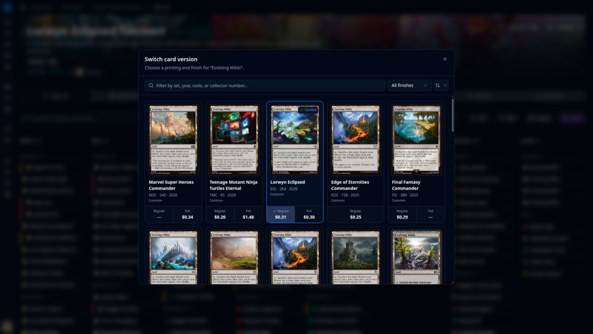 CubeForge card-version switcher showing Evolving Wilds printings and finish prices