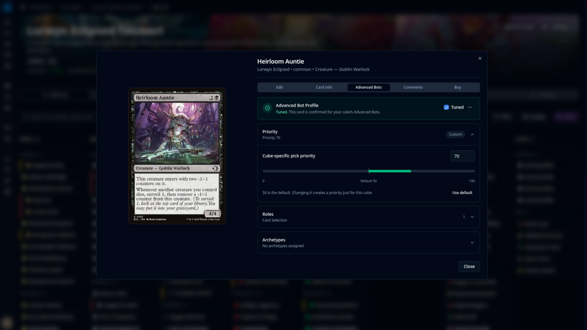 CubeForge card detail modal showing Advanced Bots tuning for Heirloom Auntie