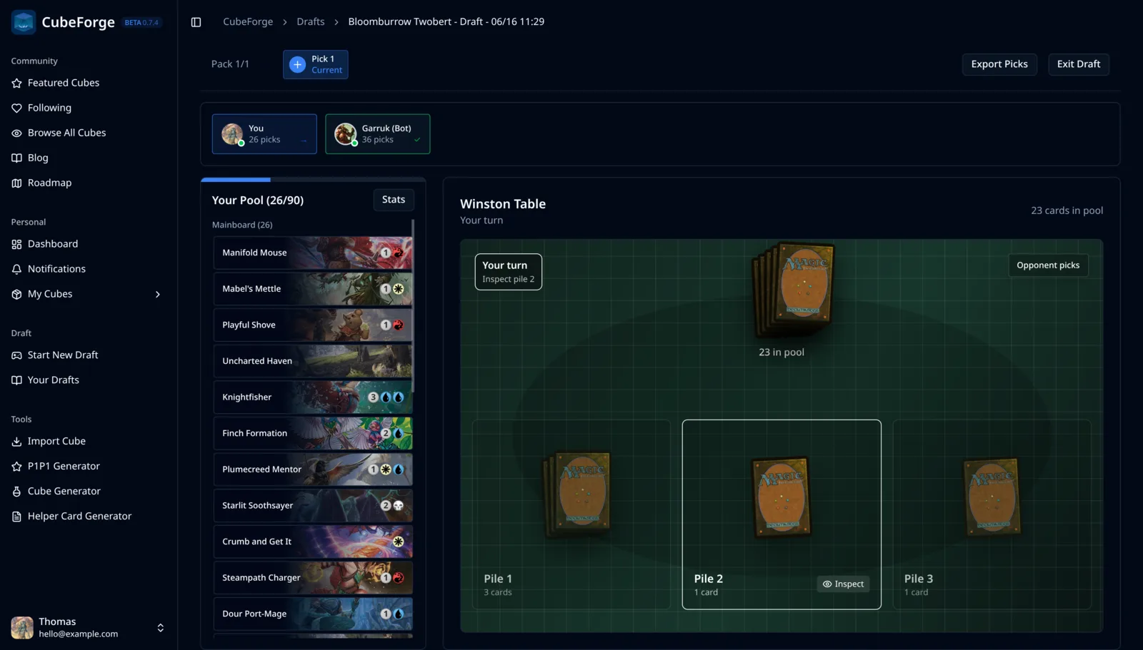CubeForge 0.7.5 release notes showing the Winston Draft table with three shared piles