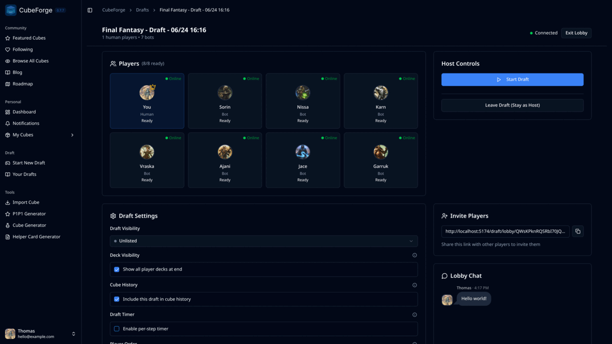 CubeForge 0.7.8 release notes showing online draft chat