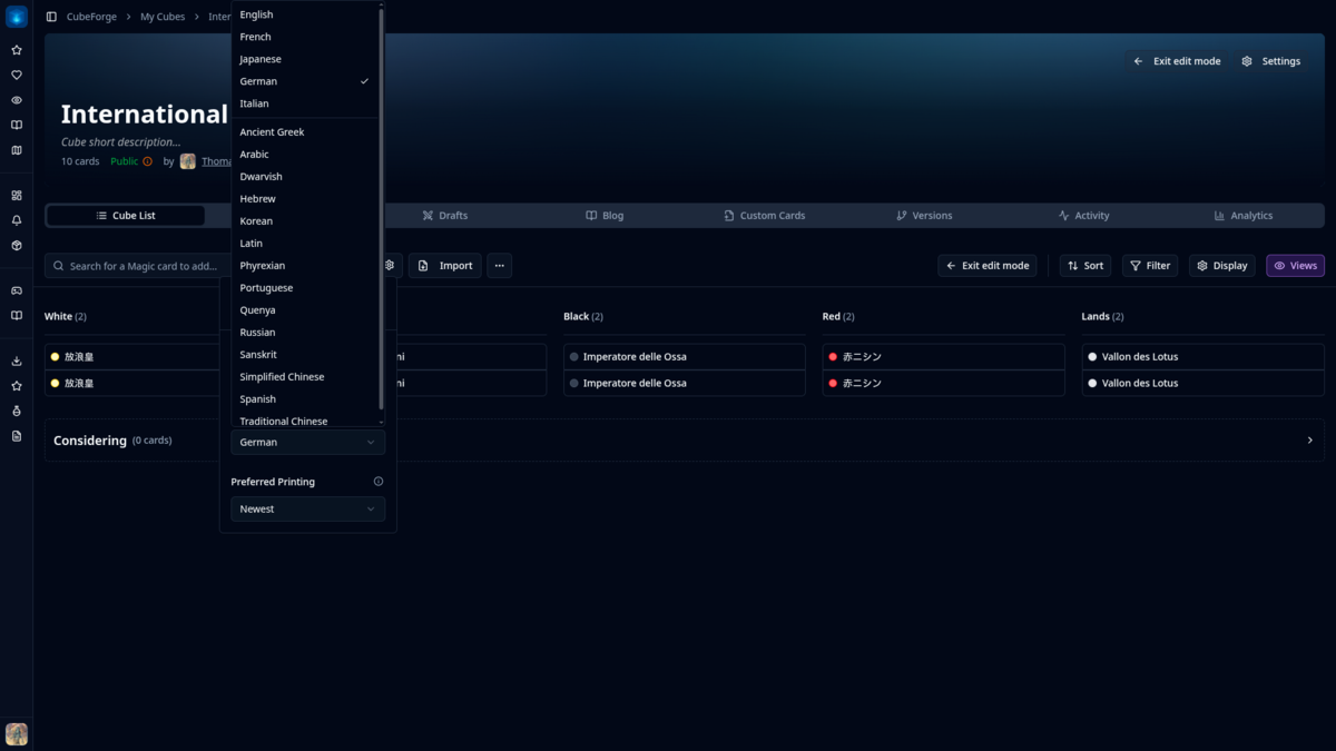 CubeForge cube editor showing multilingual cards and the preferred language menu