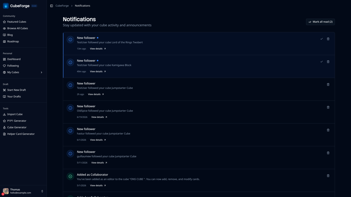 CubeForge notifications page showing unread follower notifications and the notification badge beside the user avatar