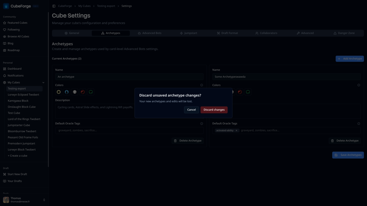 CubeForge Archetypes settings showing a confirmation dialog before discarding unsaved changes