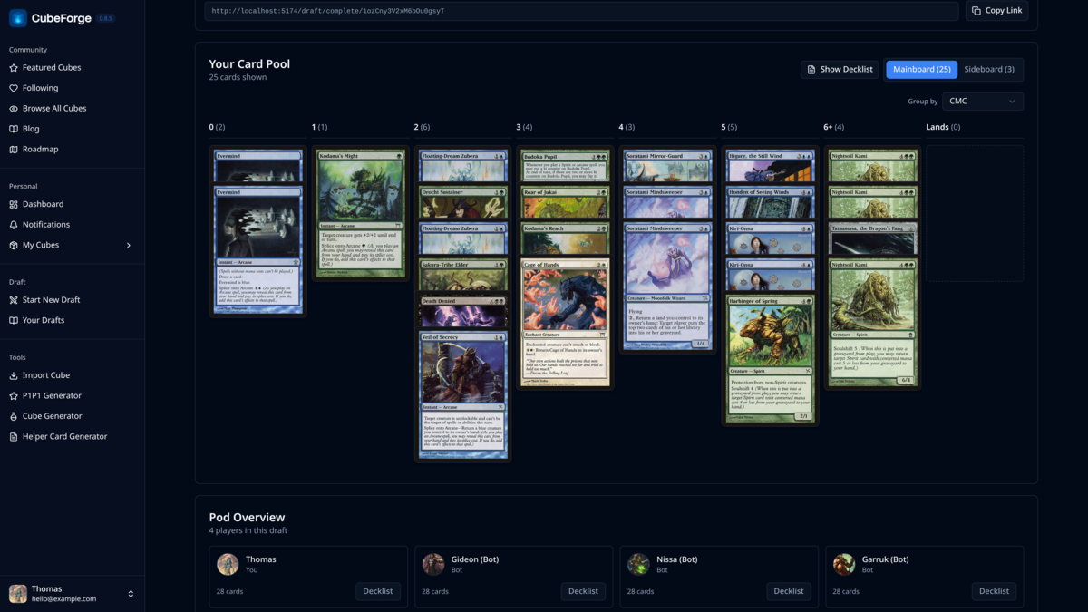 CubeForge completed draft view showing cards stacked by mana value in the deck builder