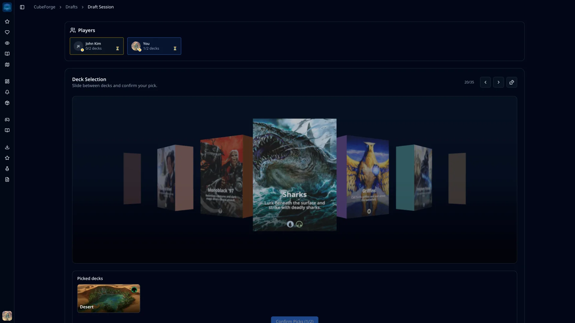 Interface de draft Jumpstart CubeForge montrant des joueurs qui choisissent des decks thématiques